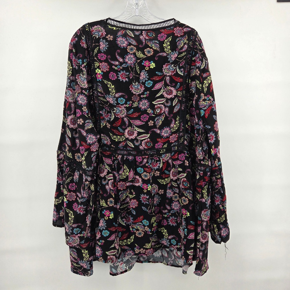 Avenue Bohemian Print Top 26/28 Black Paisley Daisy Lace Trim Bell Sleeve Boho - Picture 3 of 8